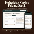 Esthetician Service Pricing Studio digital calculator with sample dashboard on a tablet and phone.