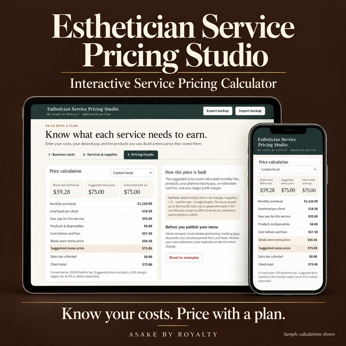 Esthetician Service Pricing Studio digital calculator with sample dashboard on a tablet and phone.