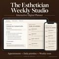 The Esthetician Weekly Studio interactive digital planner with a Monday facial, waxing, and lash schedule shown on a tablet and phone.