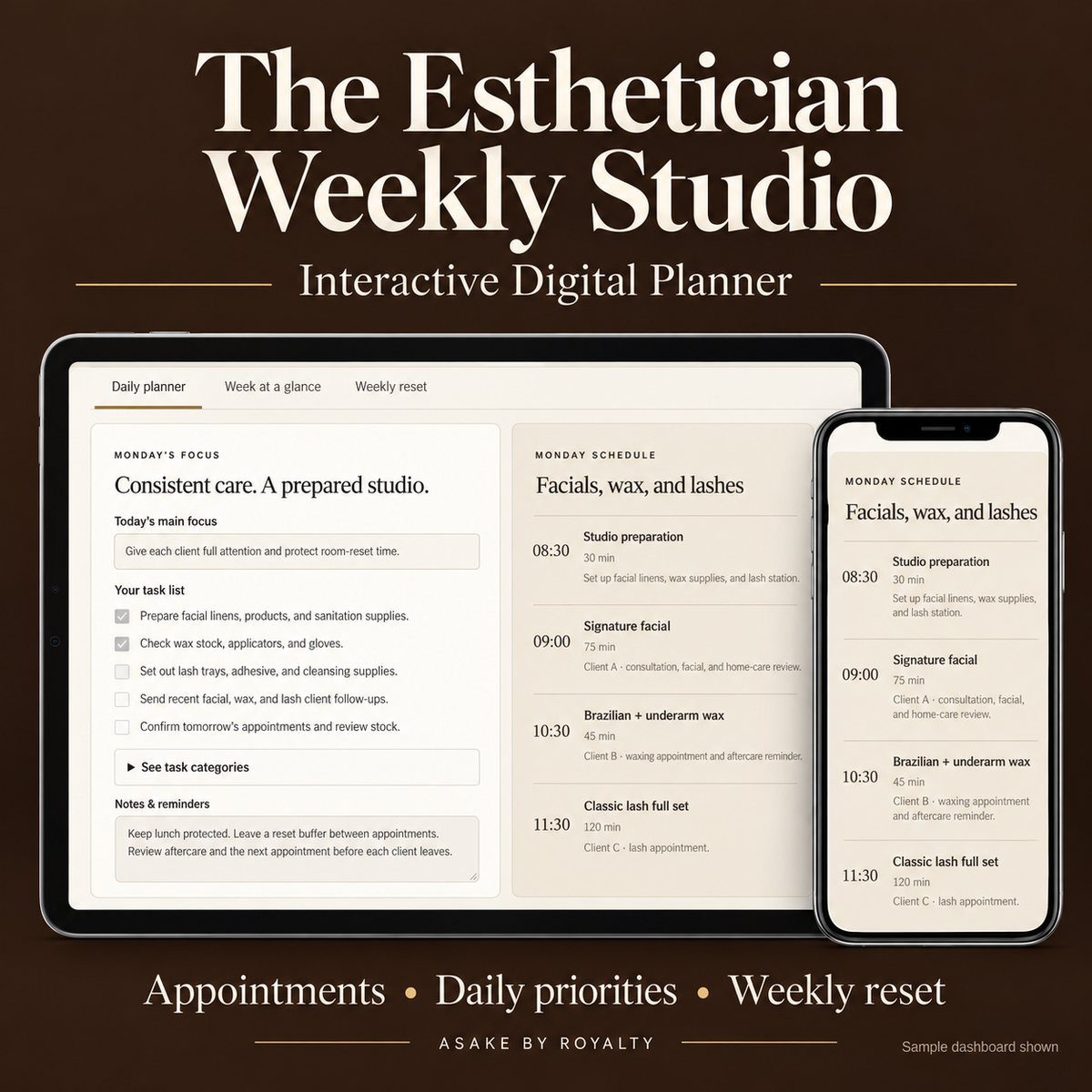 The Esthetician Weekly Studio interactive digital planner with a Monday facial, waxing, and lash schedule shown on a tablet and phone.